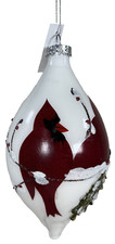 Country Christmas Red Cardinals White Glass 6.5  Ornament Glitter BB-07