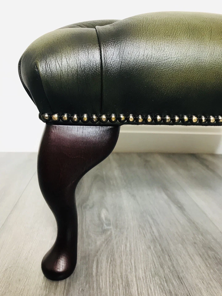 Chesterfield Queen Anne Button Green Genuine Leather Footstool - Image 3 of 4