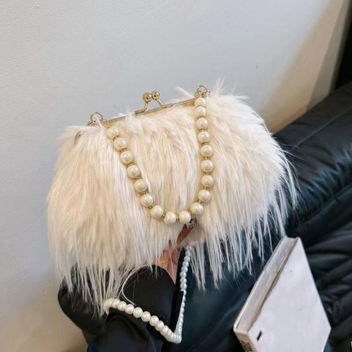 Pearls Evening Banquet Bag Square Shoulder Crossbody Bag Plush Handbag Wedding - Picture 21 of 22