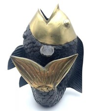 Vintage MCM Brass Koi Fish Statue Figure Vase Coy Black & Gold Tone 8.5” Sculpt