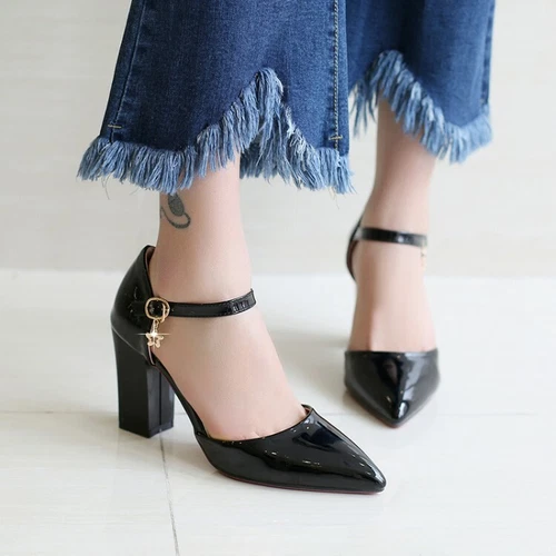 Zapatos elegantes para mujer punta puntiaguda cancha trabajo tacones bloque correa al tobillo Mary Jane - Imagen 5 de 16