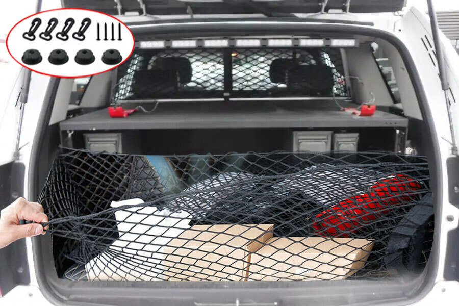 Envelope Style Trunk Cargo Net – Universal Car Organizer With Hooks (Black Nylon)