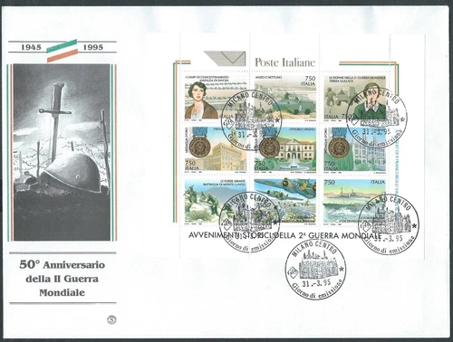 1995 ITALY FDC FILAGRANO SHEET II WORLD WAR NO ARRIVAL STAMP - BG