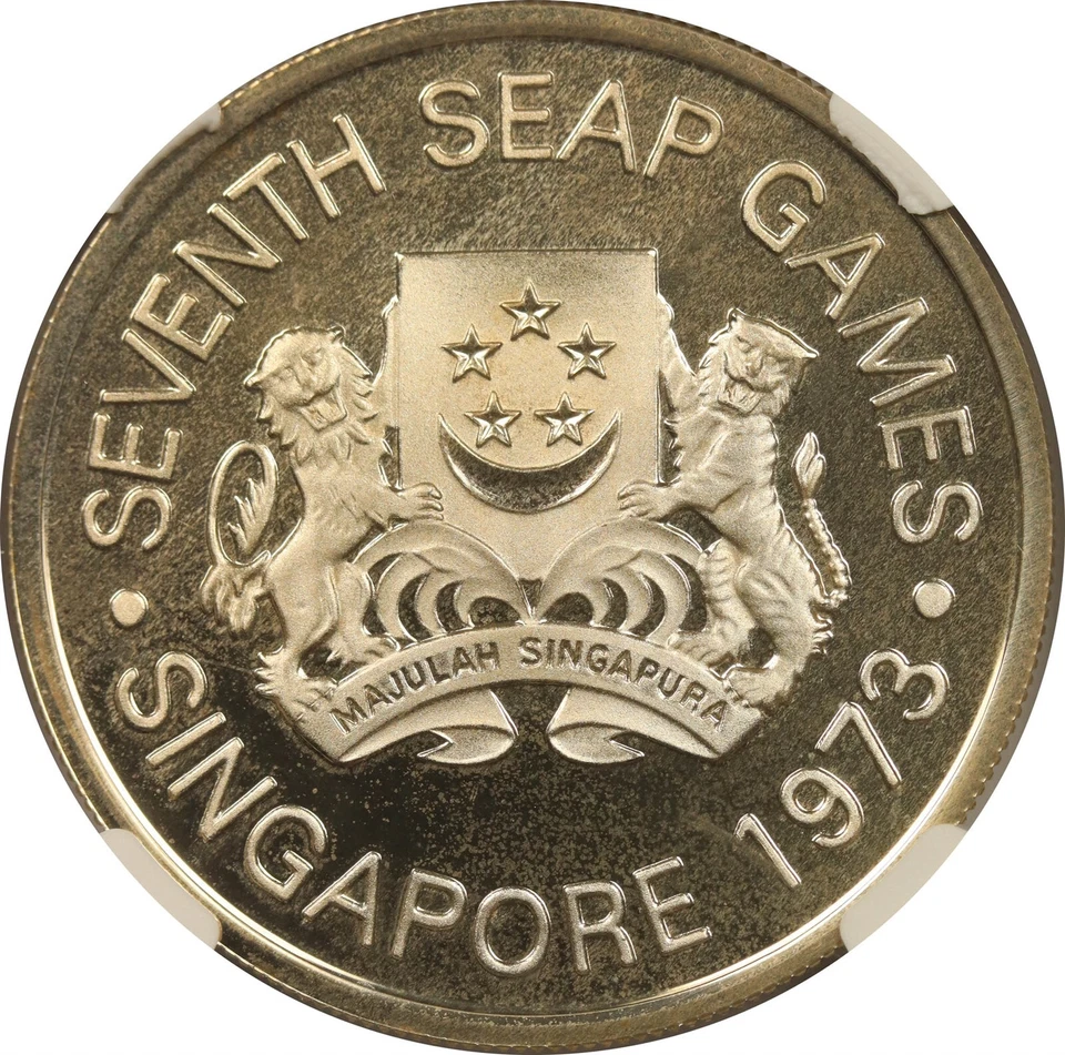Singapur 1973 plata $5 NGC PF 66 Ultra camafeo 7th Seap Games Foto 4 de 4