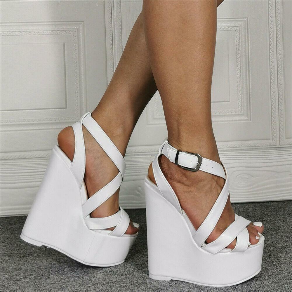 Sandalias de plataforma de tacón alto de cuña para mujer con hebilla correa cruzada zapatos de fiesta