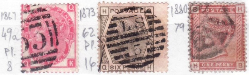 1867, 73, 80 GREAT BRITAIN Queen Victoria Pl 8, 16, Sc 49a, 62, 79, F/VF/Used