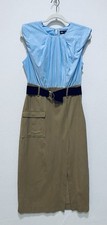 Zara Dress Womens Medium Blue Tan Belted Midi Pleated Classic Preppy Academia