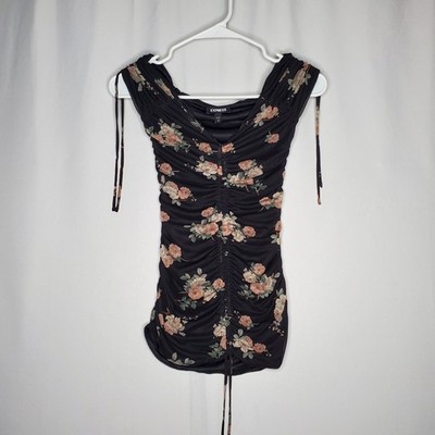 Express Tank Womens XS Mesh Tie Ruched Black Blush Floral Lined Fairy Whimsy 00s