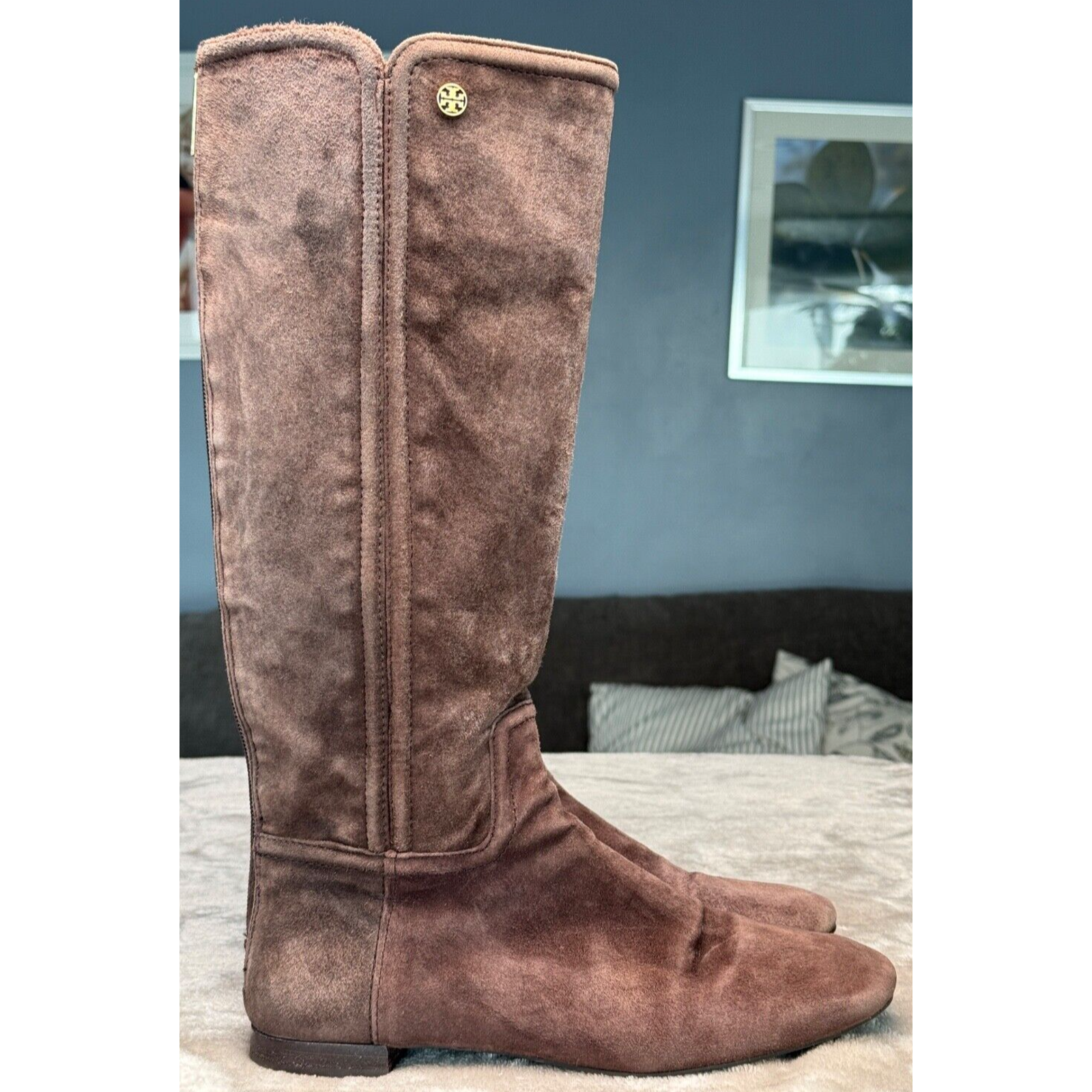 Tory Burch Irene Brown Suede Square Toe Equestrian Tall Flat Boots Womens 9