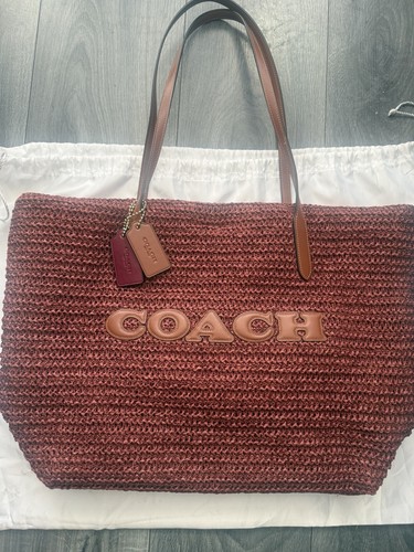 Coach Crochet Straw & Leather Large Tote Bag Brown Shoulder Straps Dust Bag