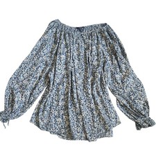 Chaps Boho Peasant Ditzy Floral Top-3X-Blue/White-Key Hole-70s Vibe-Cottagecore