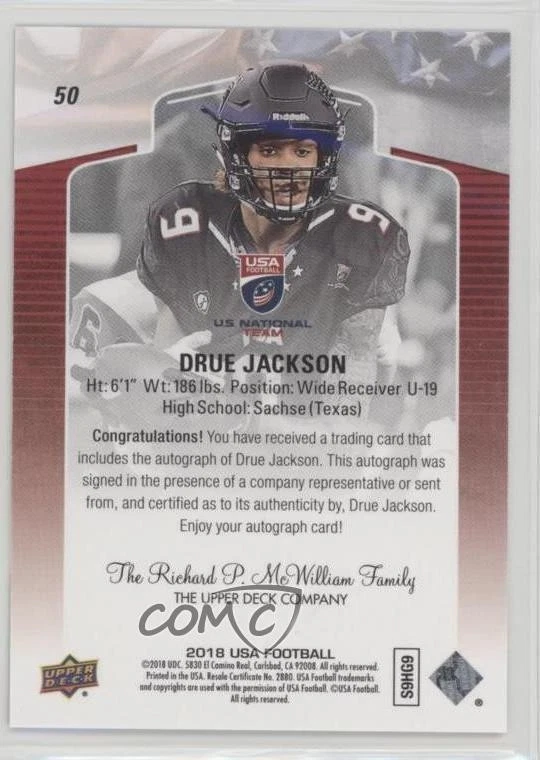 2018 Upper Deck USA Football Auto Drue Jackson #50 Auto - Image 2 of 2