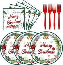 72PCS Christmas Paper Plates and Napkins, Disposable Holly 7 Inch, White