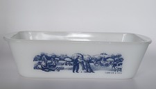 Vintage Glasbake Currier and Ives J-522 Loaf Pan Blue Farm Scene Baking Dish