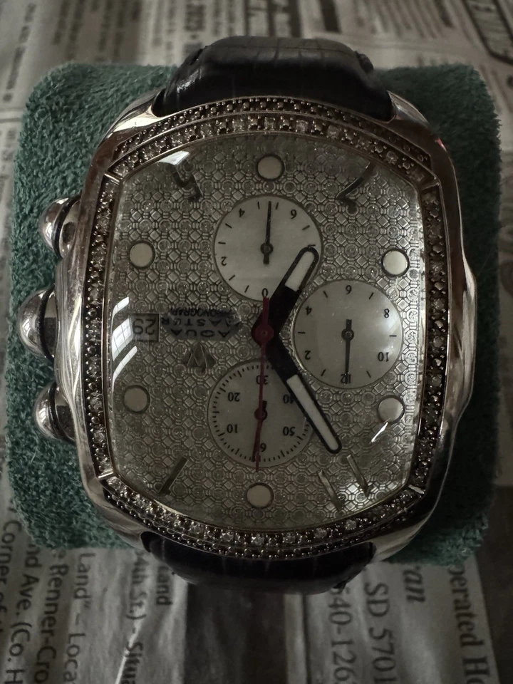 Relógio masculino Aqua Master mostrador prateado pulseira de couro preto diamante 3,5 quilates - Imagem 2 de 3