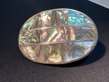 Vintage Oval Abalone Shell Inlay Silver Belt Buckle Mexico 3.5" Alpaca