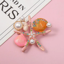 Pink Starfish Seashell Brooch - Ocean Beach Rhinestone Pin Summer Jewelry Gift