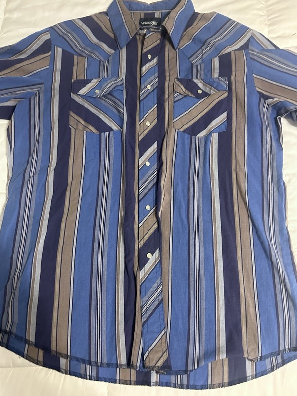 Wrangler Western Striped Button-Up Shirt Men L Blue Brown Long Sleeve Pockets