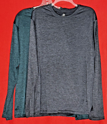 Lot of 2 RealEssentials Men's Gray + Green Long Sleeve Poly Spandex Shirts Large