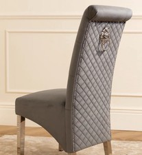 Grey Velvet Set of Two Dining Chairs with Metal Legs