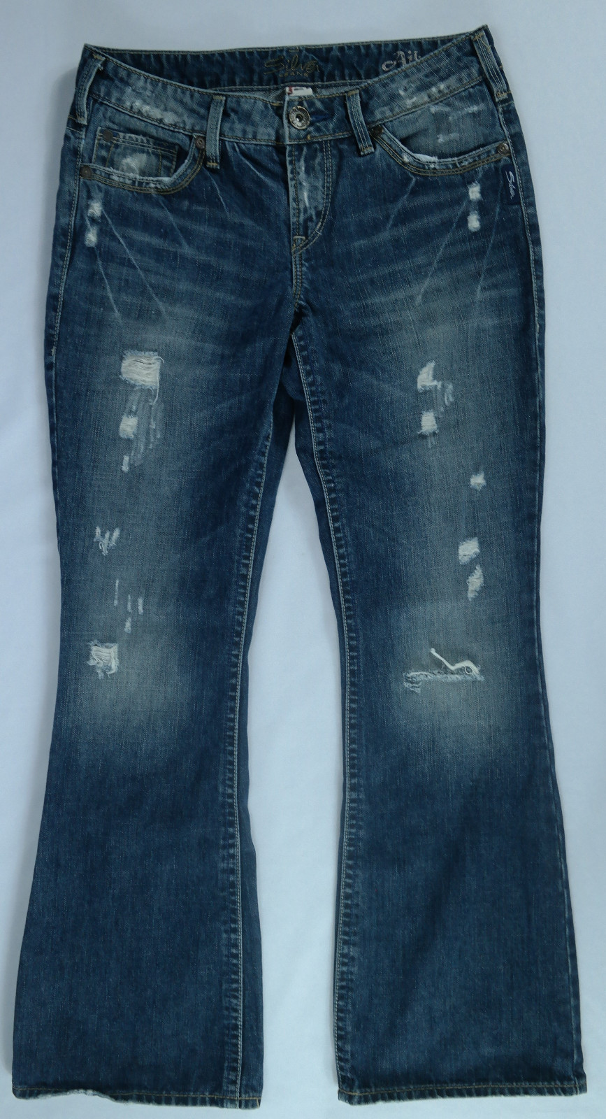 Women#039;s Silver Aiko Bootcut Distressed Whisker-Wash Embelli