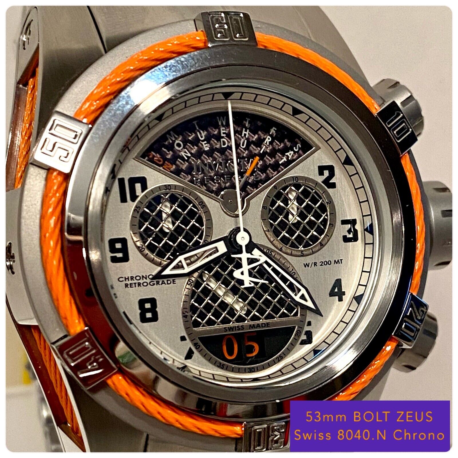 Invicta Bolt Zeus 53mm Orange/Silvertn Swiss 8040.N Chrono Bracelet Mens  Watch
