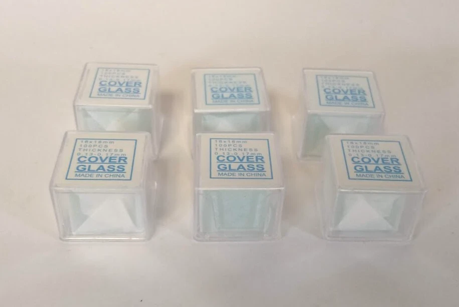 Cubierta de microscopio de vidrio de 18x18 mm de 0,13-,17 mm 6 paquetes de 100 piezas Foto 2 de 2