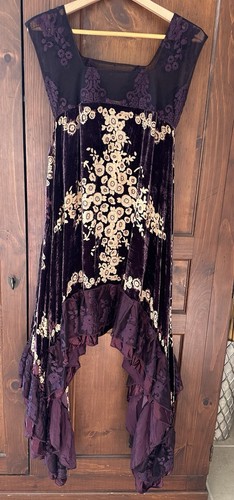Mina collections tunic dress beaded lace velvet square neck purple flowers M/L