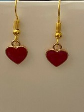 Cute New Yellow Gold Plated Red Enamel Heart Charm Hook Dangle Earrings