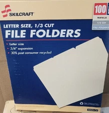 NEW - (100) Skilcraft 1/3 Cut Letter Size, 3/4 Expansion Manila File Folders