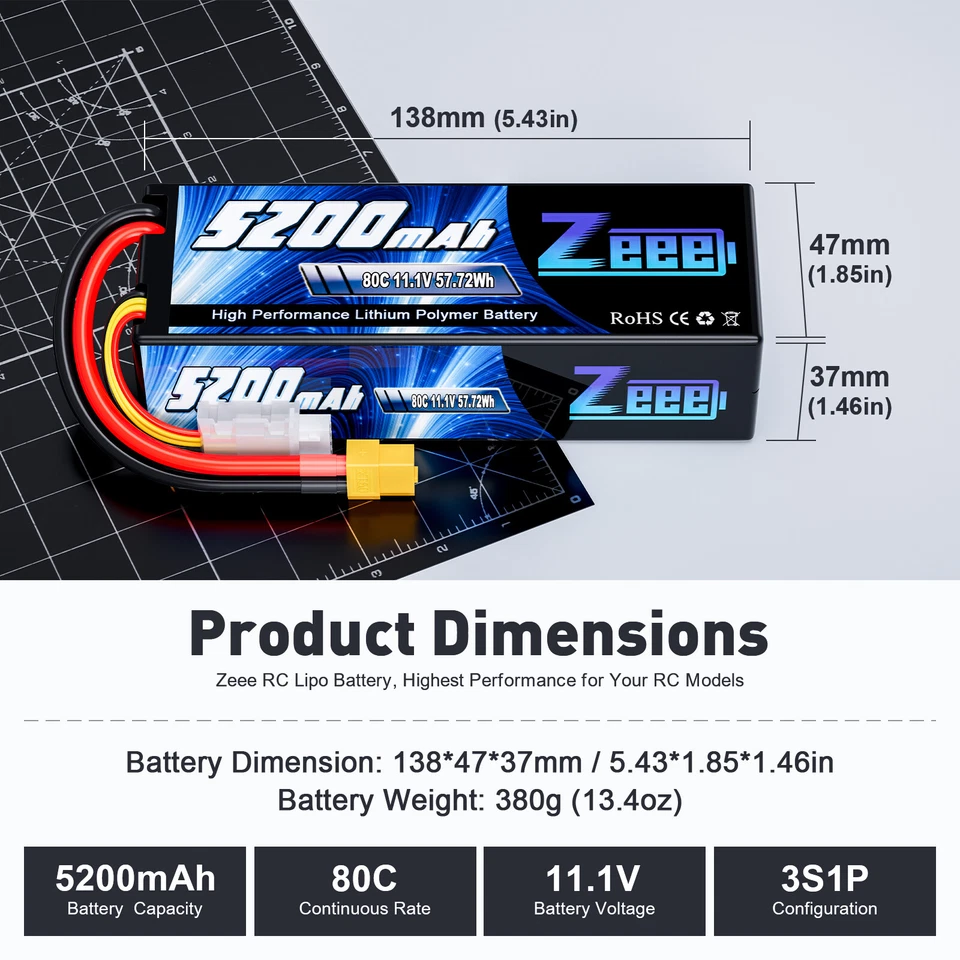 2x Zeee 3S Lipo Akku 5200mAh 11.1V 80C Hardcase XT60 für RC Auto Boat Helicopter - Bild 2 von 4