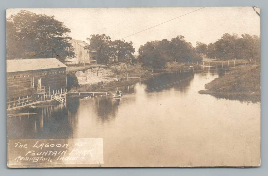 Fountain Park Lagoon REMINGTON Indiana RPPC Antique Boat House Photo