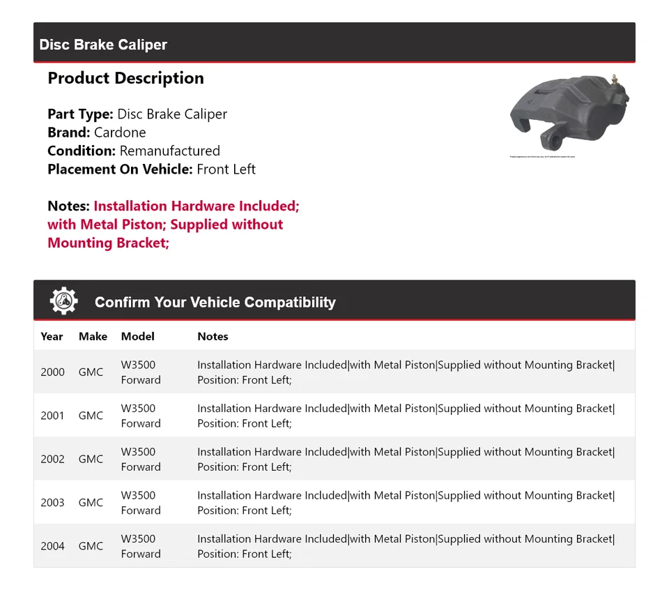 Pinza de freno de disco delantera izquierda Cardone 2001 2002 para GMC W3500 2000-2004 Foto 2 de 4