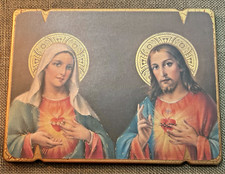 Sacred  Immaculate Heart Vintage Wood Wall Plaque Mary  Jesus Gold Gilt 9.5"