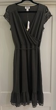 Ann Taylor Loft Crocheted Trim Belt Tie Ruffle Hem 14 PETITE Olive Green NWT