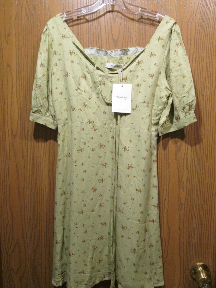 Simple Retro Green with Red Flower Short Sleeve Dress Size L NEW