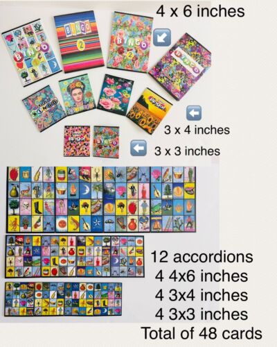 MEXICAN LOTERIA 12 Accordion Style Cards Total Of 48  Cards 3 Different Sizes - Picture 1 of 12