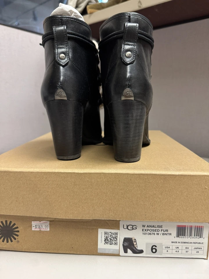 UGG Mujer Analizado Piel Expuesta Cuero Negro Bota Tacón Talla 6 Totalmente Nuevo Foto 3 de 4
