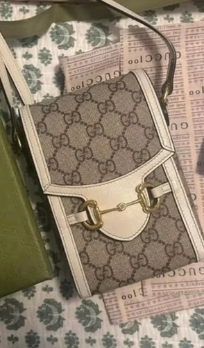 Sac bandoulière téléphone GUCCI GG Supreme Mini Horsebit 1955 beige ébène