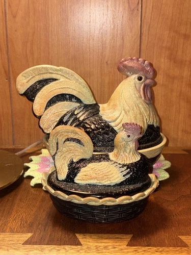 Fenton Folk Art Black Hand Painted Rooster Hen On Nest Candy Dish