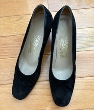Salvatore Ferragamo Size 7 B Black Suede Pumps - Elegant Gold Tone Accents