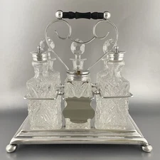 Vintage Cruet Condiment Set 6 Bottles with Caddy Silver Plated EPNS and Glass
