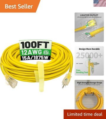 100 ft 12/3 Outdoor Extension Cord Waterproof Heavy Duty with Lighted Indicat...