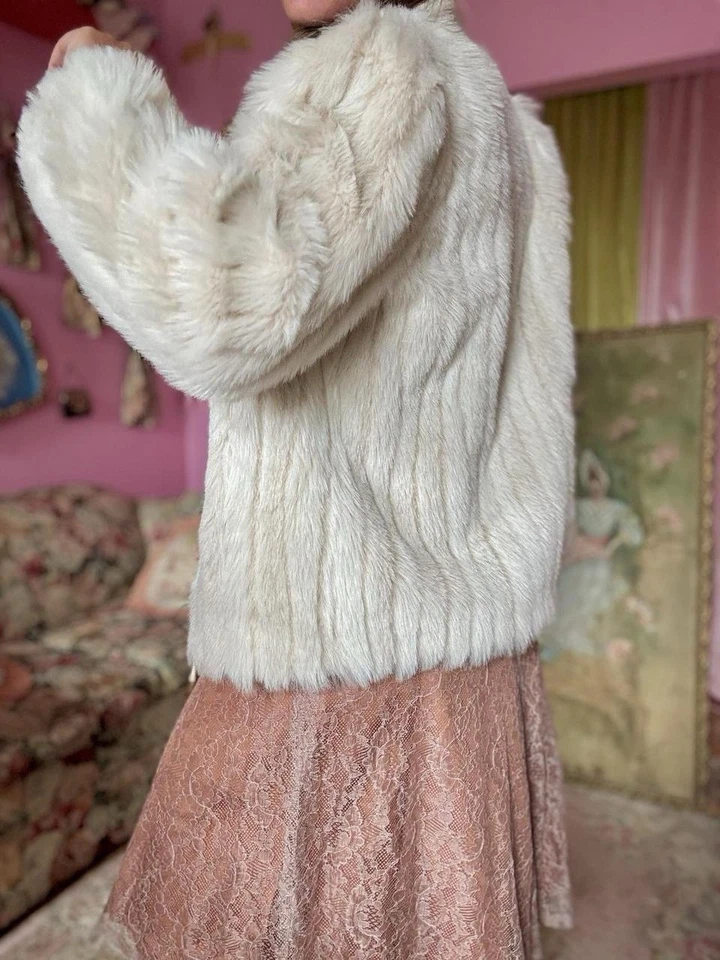 70s/80s Vintage Ivory Faux Fur Mink Coat by Outerlayers, Size L - Image 2 of 4