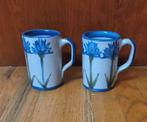 2 Vintage Louisville Stoneware Bachelor Button Cornflower 4 3/4" TALL Mugs USA
