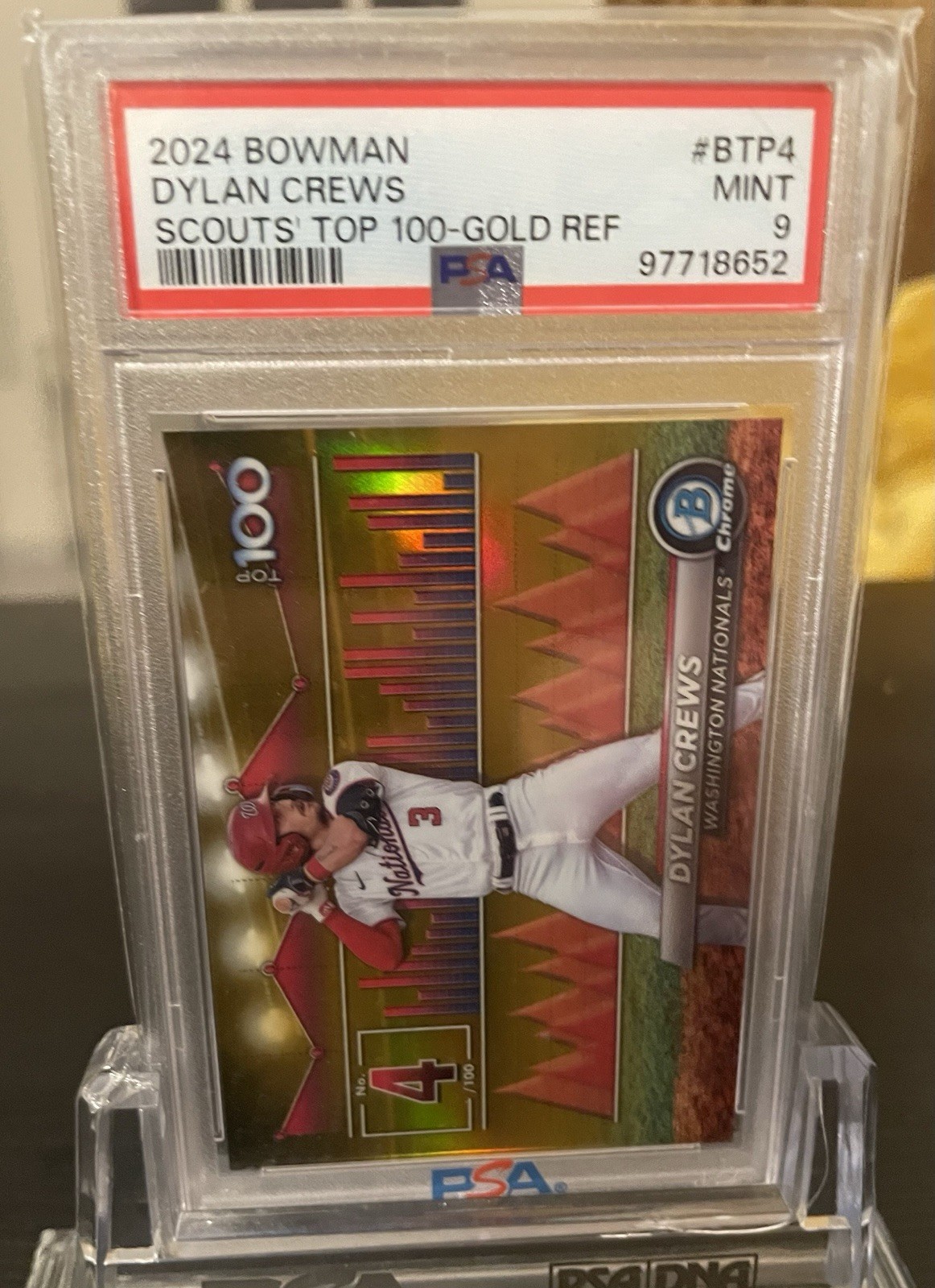 2024 Bowman - Scouts Top 100 #BTP-4 Dylan Crews Gold Refractor /50 PSA 9