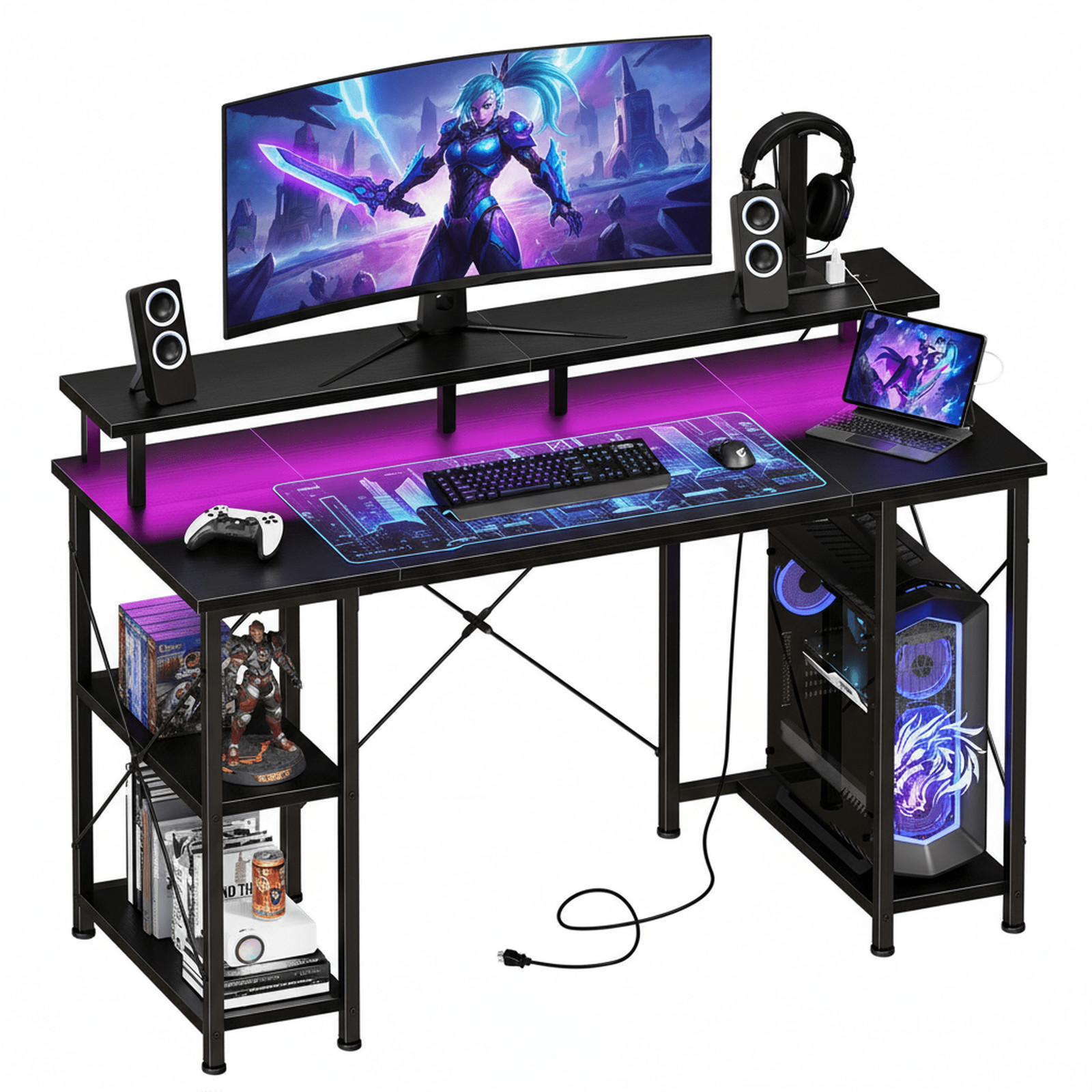 47" Computer Gaming Desk w/LED Lights,Power Outlet,Monitor Stand,Storage Shelves