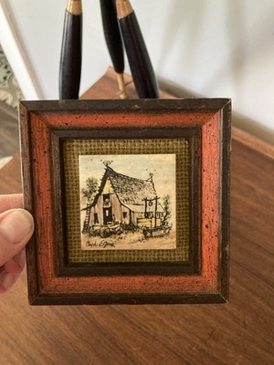 Vintage Clyde E Gray Signed Hand Painted Framed Ceramic Tile Art Texas 1970s