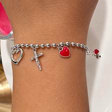 925 Sterling Silver Ball Chain Charm Bracelet Heart Cross Red Heart Dangle