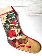Vintage Christmas Stocking Needlepoint Bear in Santa Suit 18" Multicolor